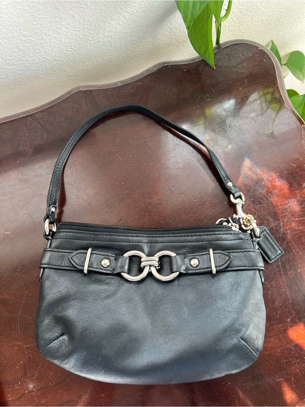 Coach Black Leather Wrislet with Silver Ring Detail